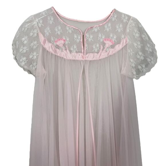 Vintage Pink Chiffon And Lace Peignoir Robe Babydoll Open Front Fairy Sleepwear - Picture 2 of 5
